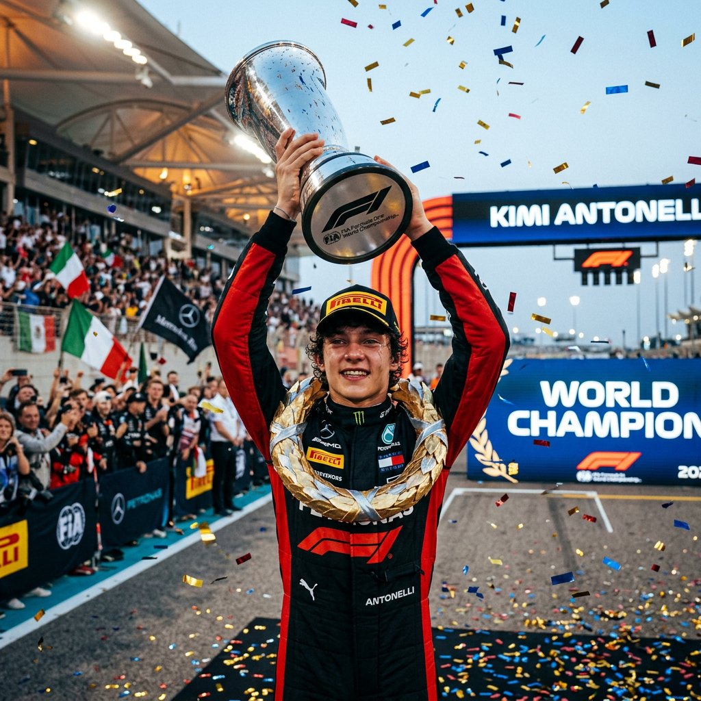 Kimi Antonelli raises an F1 trophy beneath signs reading KIMI ANTONELLI and WORLD CHAMPION